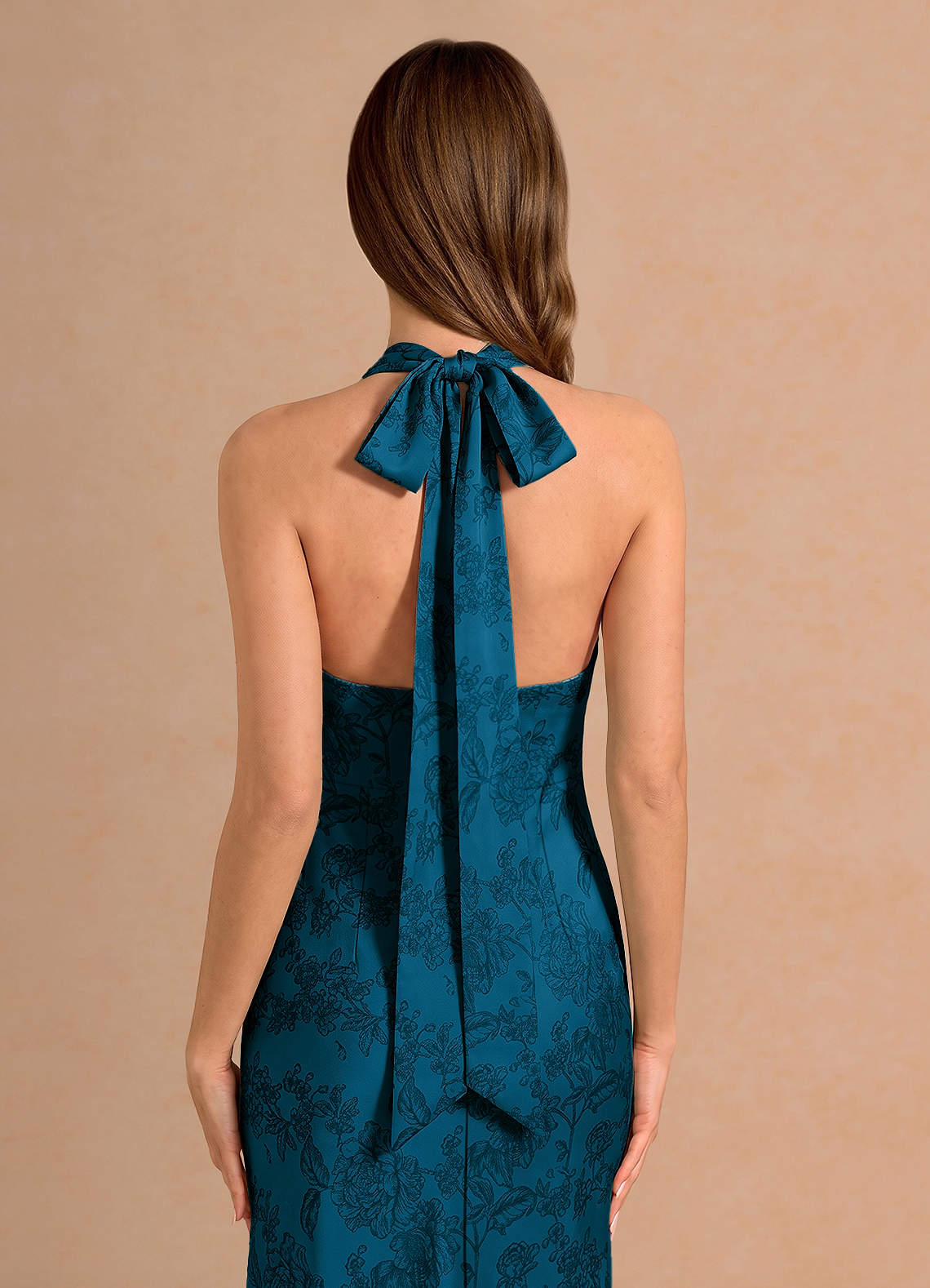 Ottoline Plunging V-Neck Open-Back Jacquard Evening Dress in Navy Black