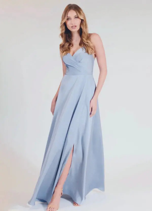 Davis A-Line V-Neck Stretch Satin Bridesmaid Dress in Dusty Sage