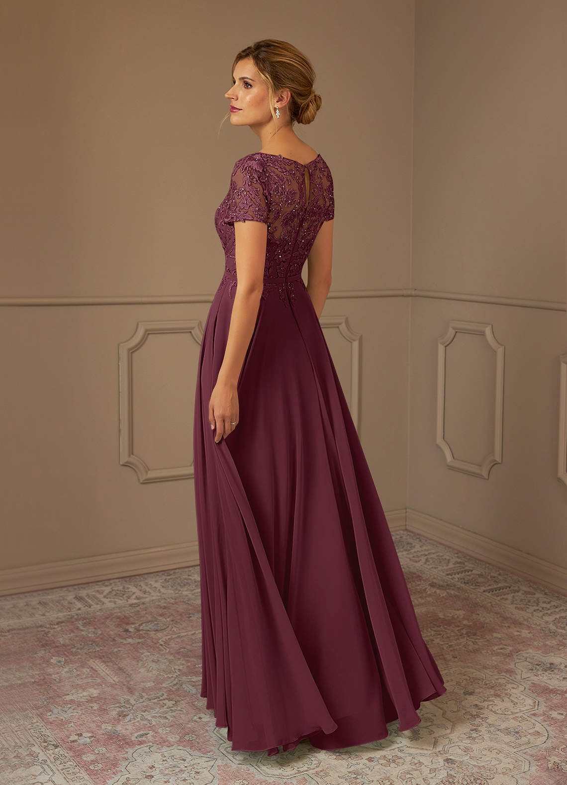 Adina A-Line Boat-Neck Chiffon Mother of the Bride Dress in Cabernet