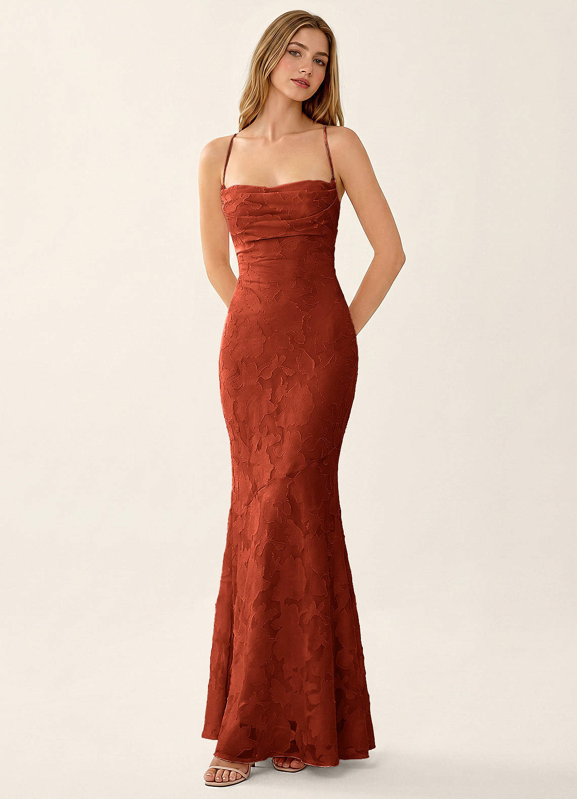 Natasha Mermaid Spaghetti-Strap Floral Burnout Evening Dress in Auburn