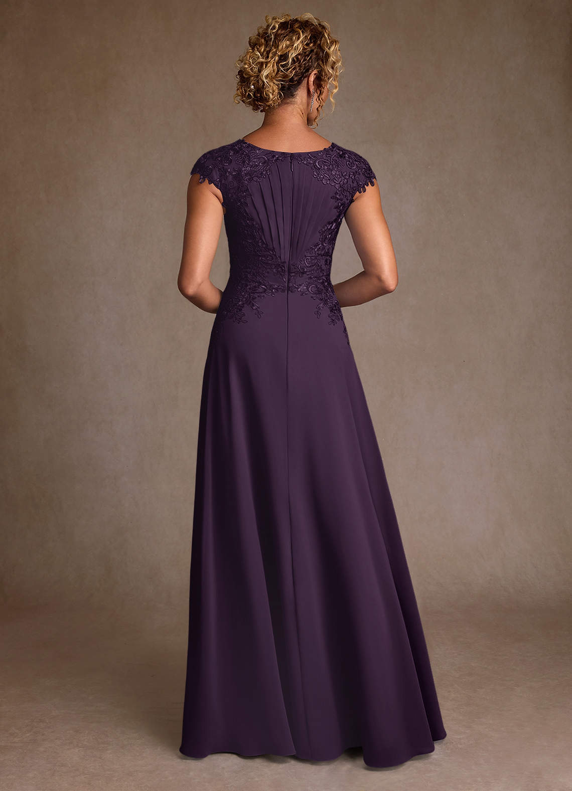 Christi A-Line Scoop-Neck Chiffon and Lace Mother of the Bride Dress in Plum