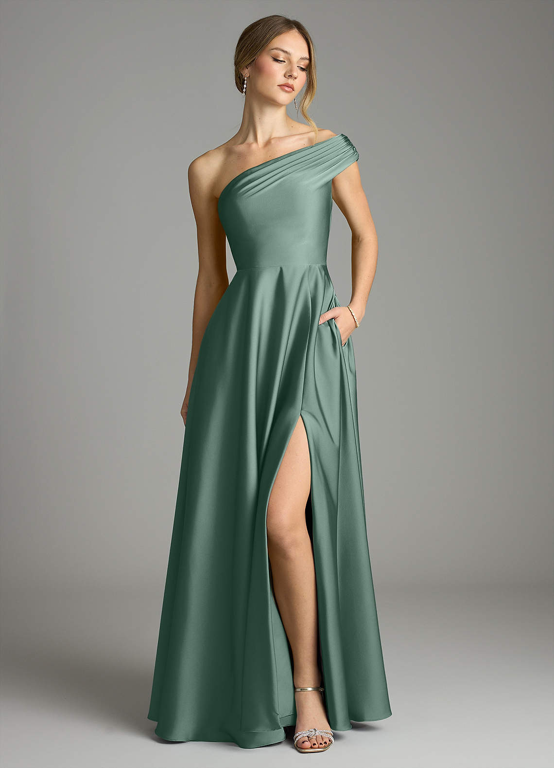 Melanie A-Line One-Shoulder Stretch Satin Bridesmaid Dress in Eucalyptus