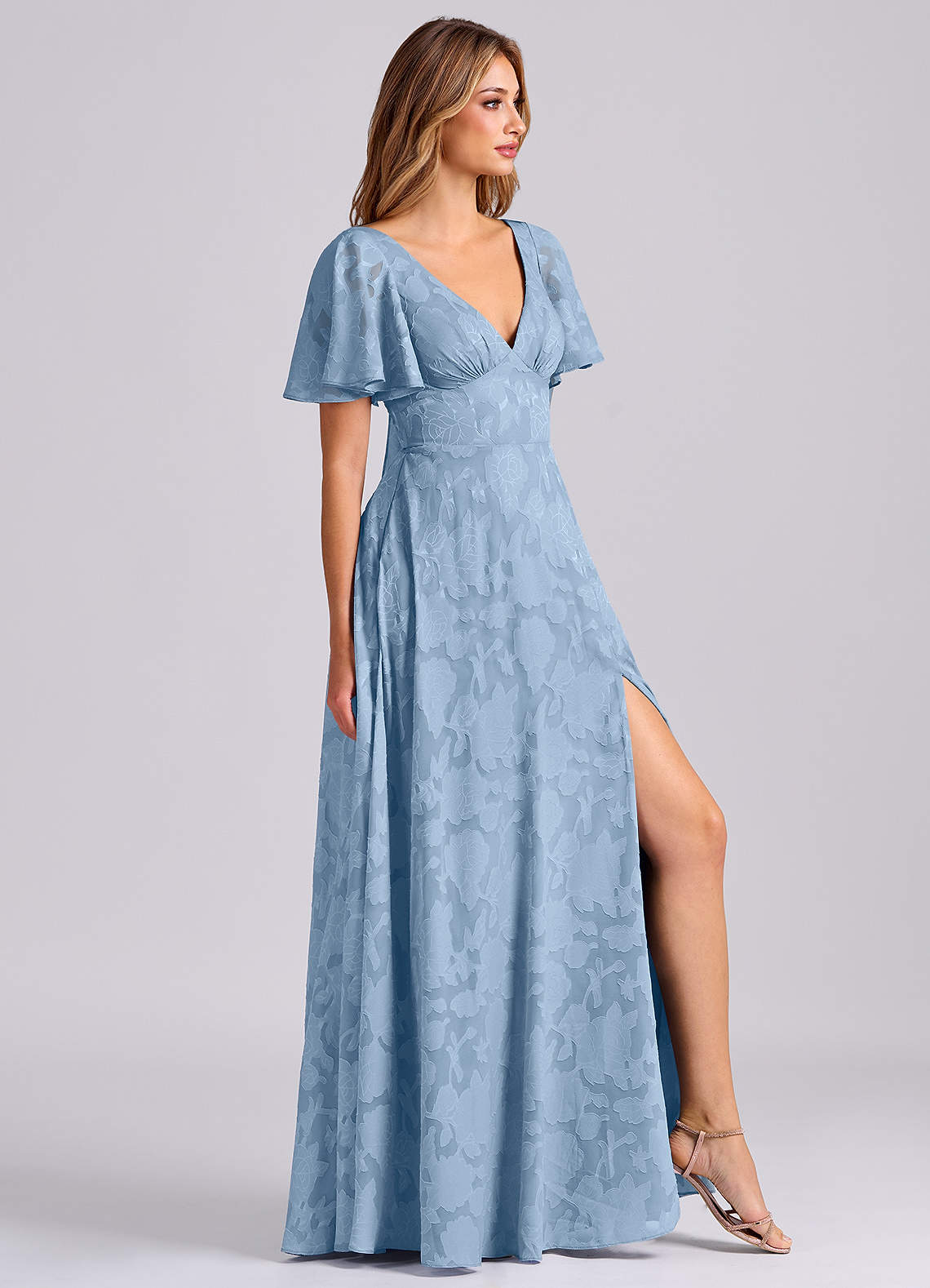 Kimber A-Line V-Neck Floral Burnout Bridesmaid Dress in Powder Blue