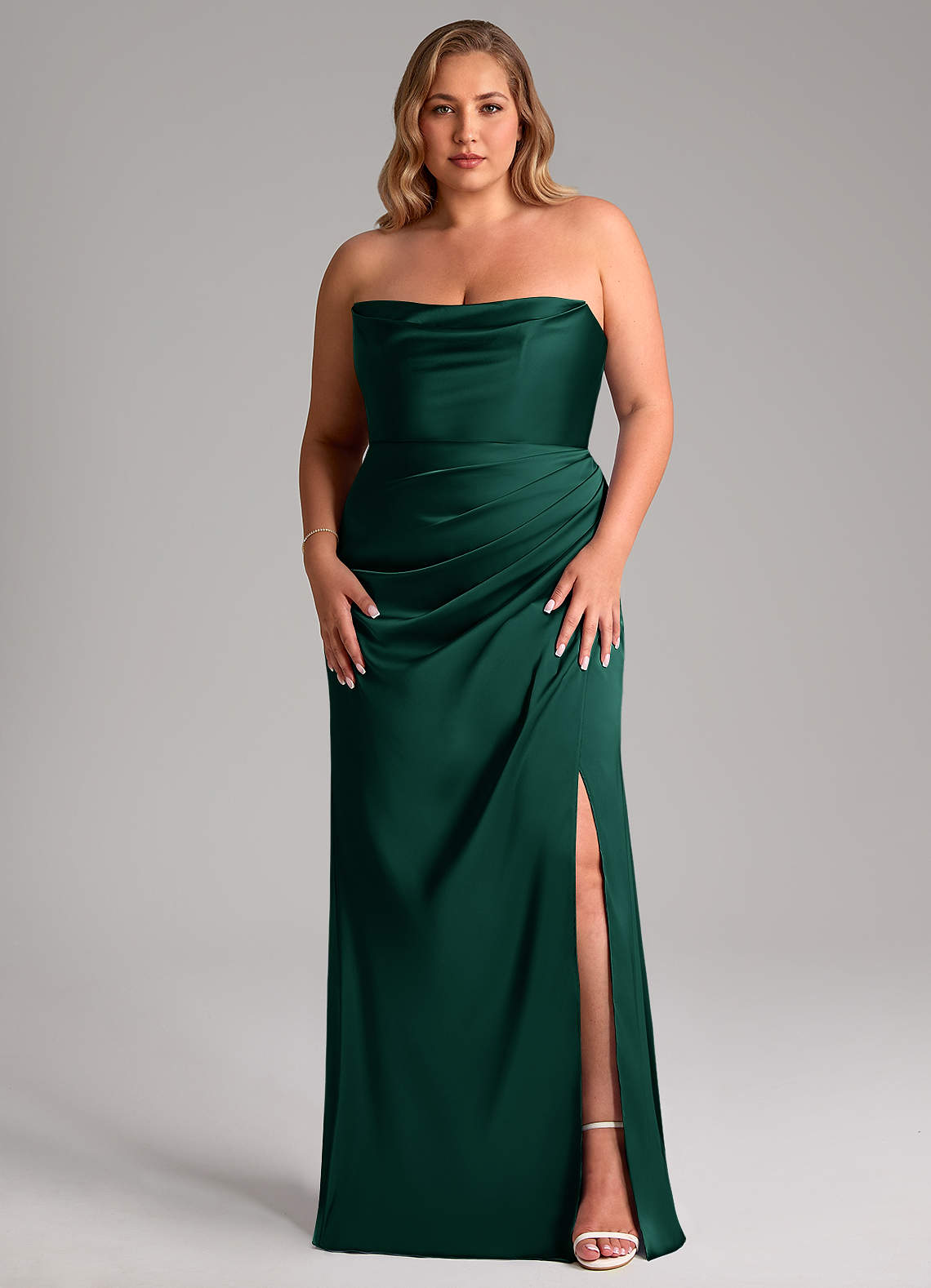 Leonis Mermaid Cowl-Neck Stretch Satin Bridesmaid Dress in Emerald