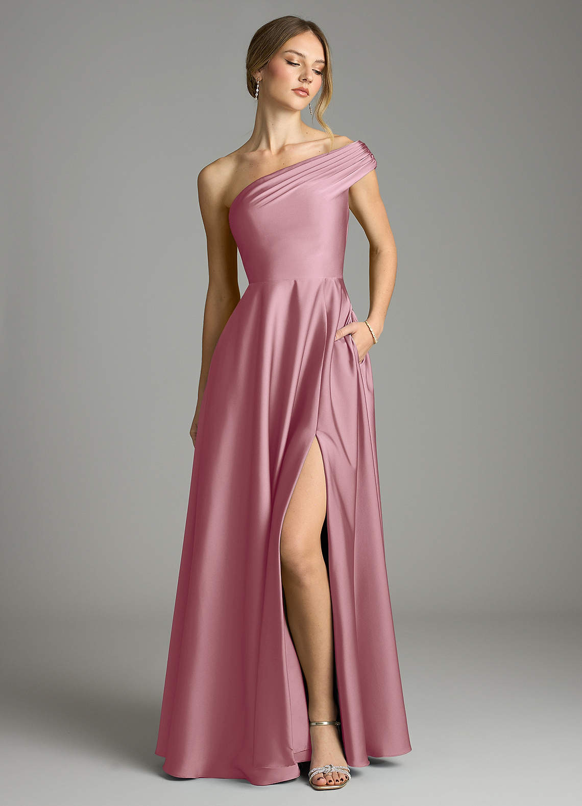Melanie A-Line One-Shoulder Stretch Satin Bridesmaid Dress in Vintage Mauve