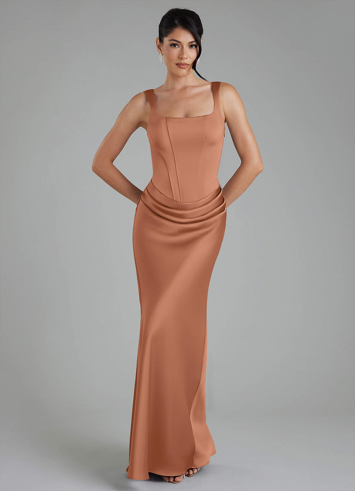 Etta Mermaid Square-Neck Stretch Satin Bridesmaid Dress in Bronzer