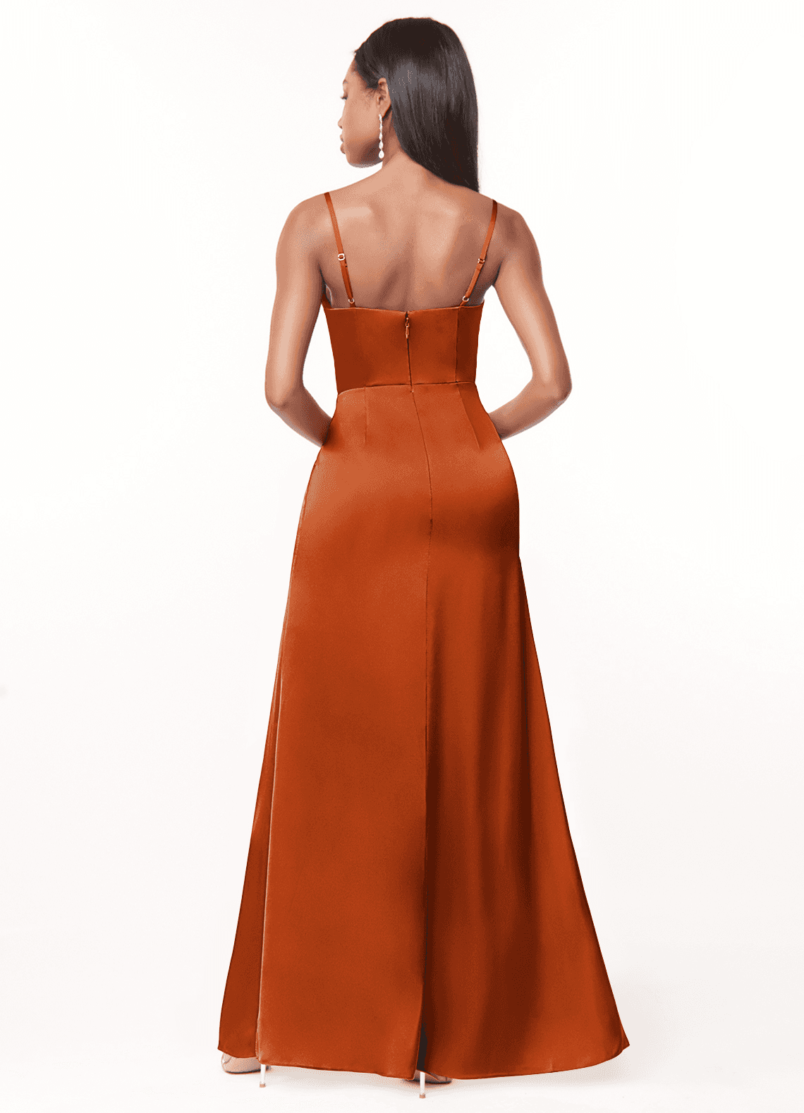 Maci A-Line V-Neck Stretch Satin Bridesmaid Dress in Burnt Orange