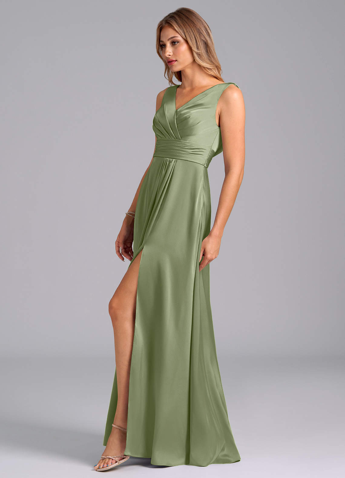 Karina A-Line V-Neck Stretch Satin Bridesmaid Dress in Pistachio