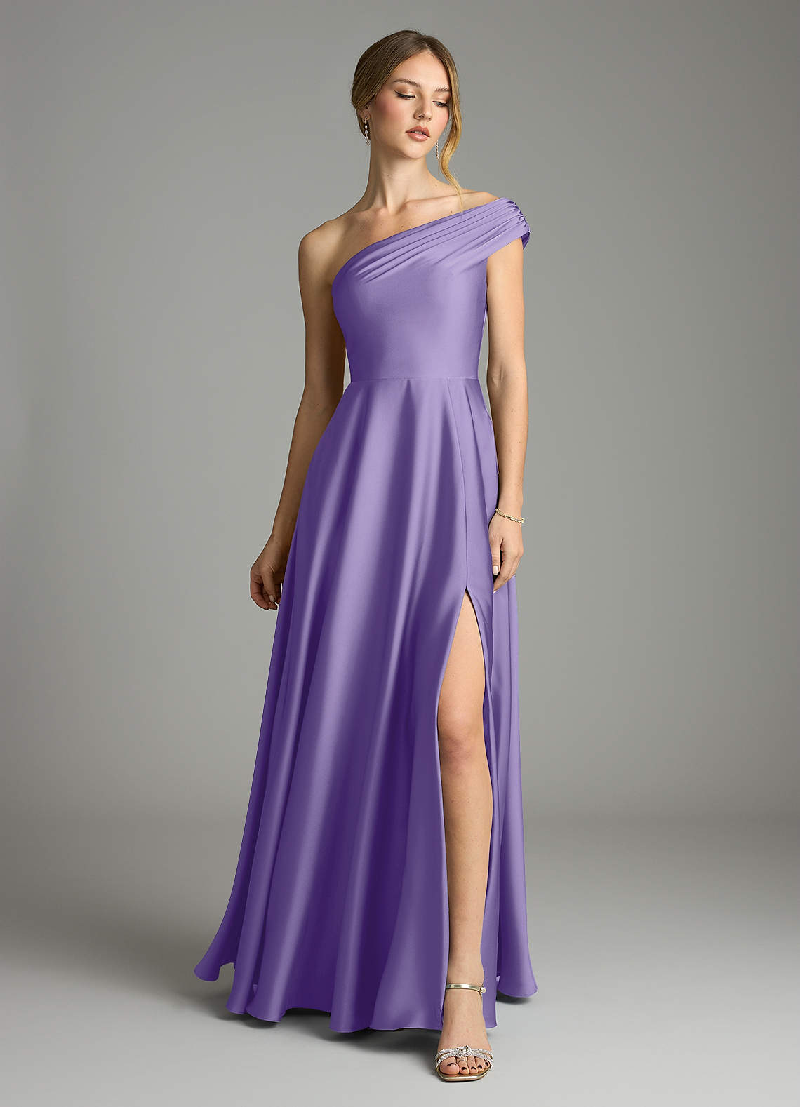 Melanie A-Line One-Shoulder Stretch Satin Bridesmaid Dress in Tahiti