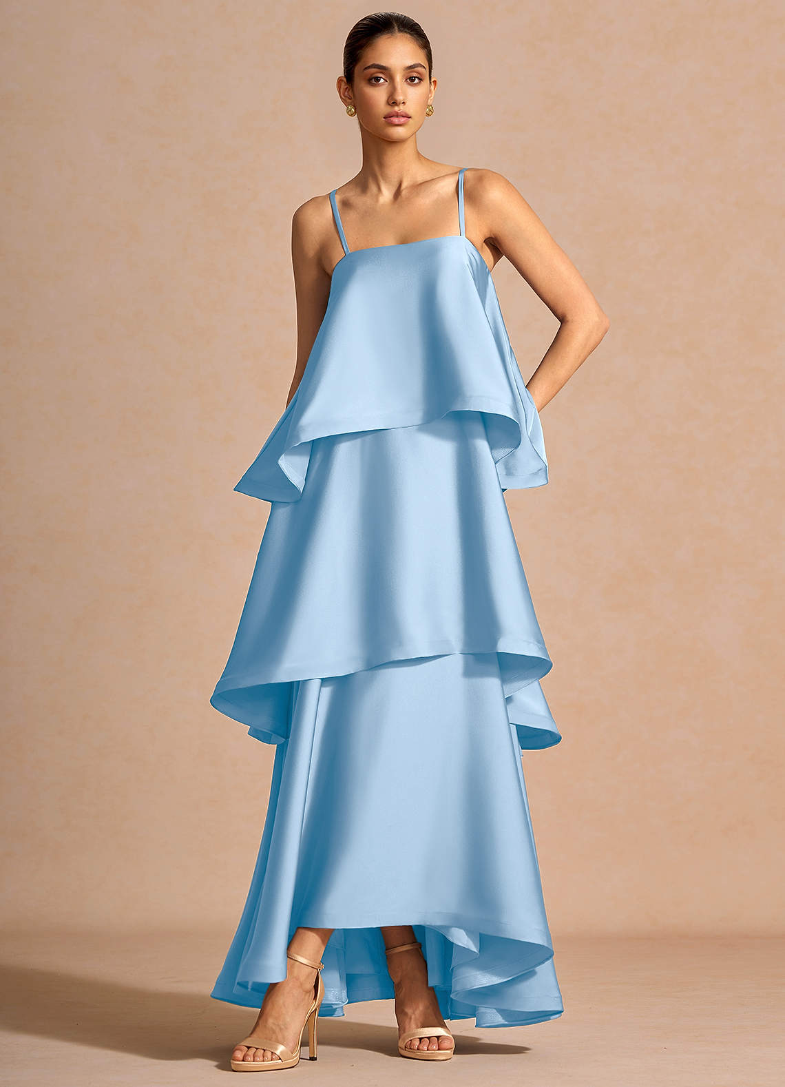 Itasca A-Line Tiered Stretch Satin Wedding Guest Dress in Haze blue