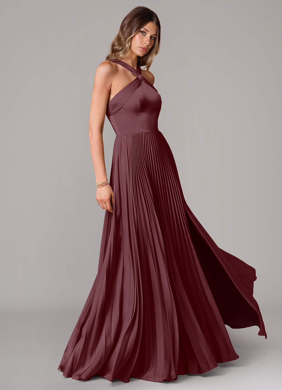 Afra A-Line Halter-Neck Stretch Satin Bridesmaid Dress in Sangria