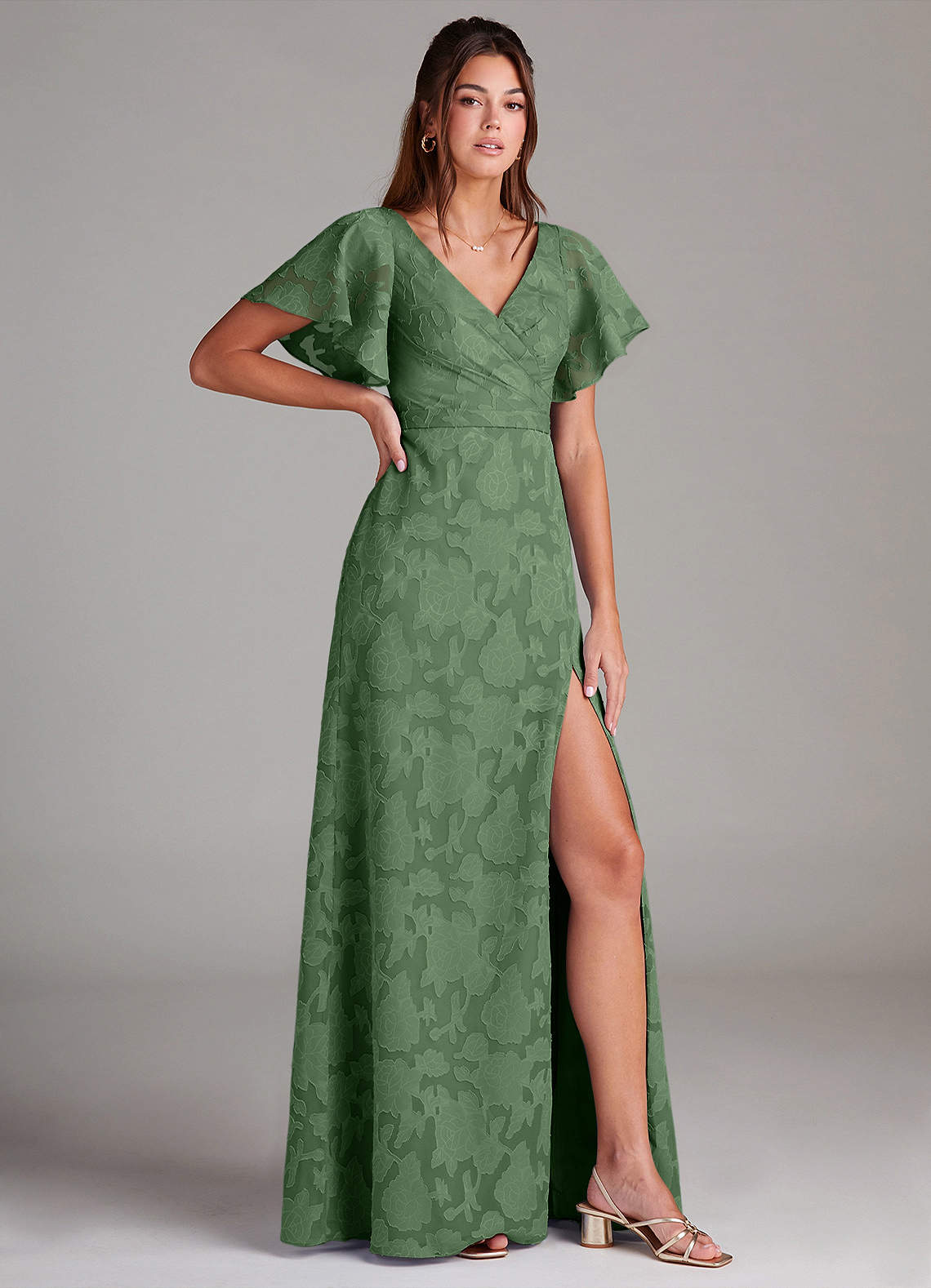 Ambrosia A-Line V-Neck Floral Burnout Bridesmaid Dress in Eucalyptus