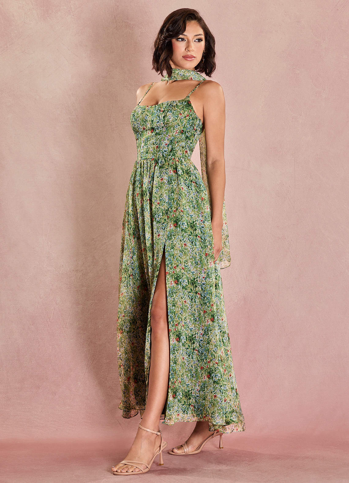 Lolla A-Line V-Neck Chiffon Wedding Guest Dress in Green Floral