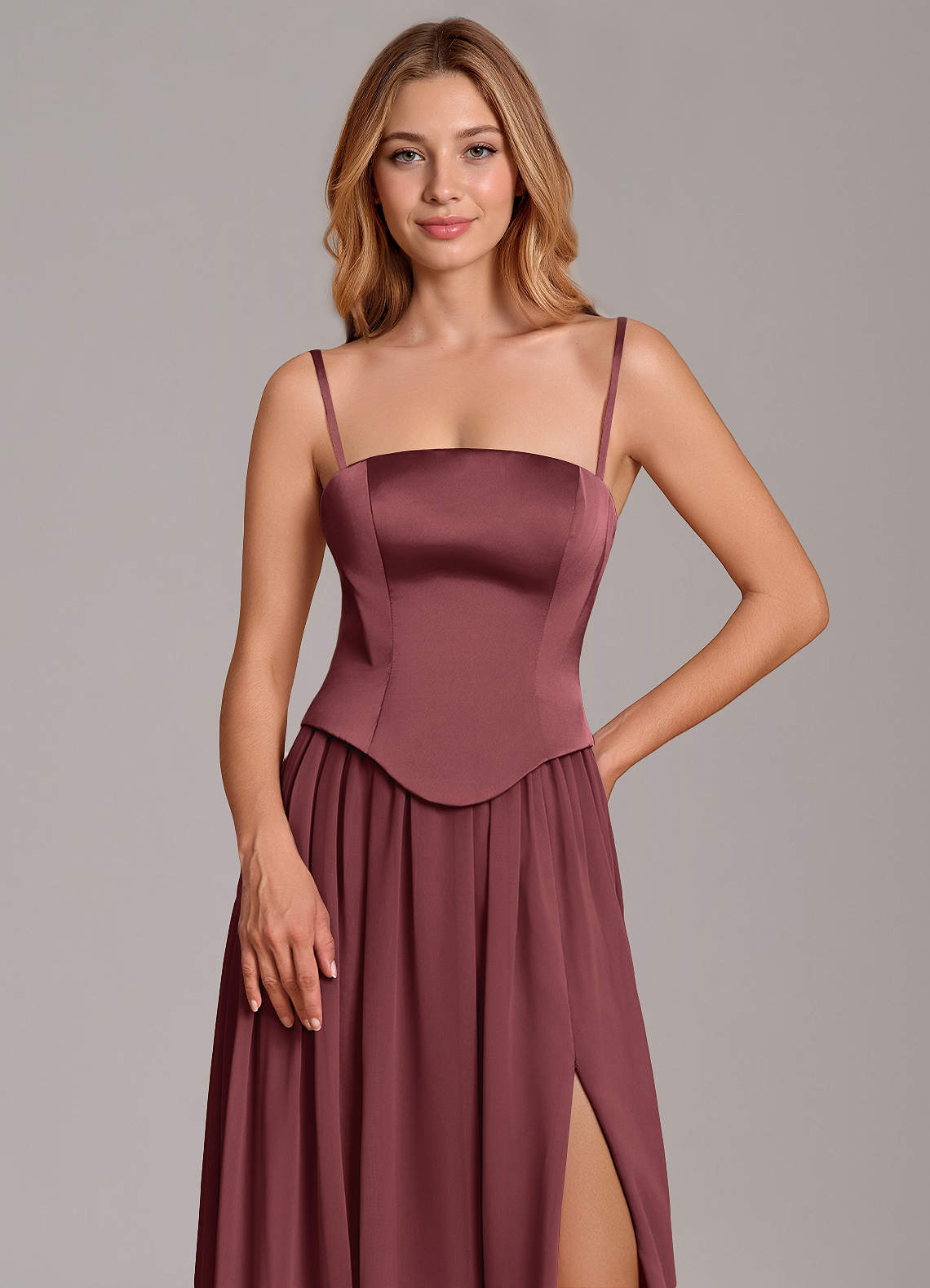 Cadence A-Line Strapless Chiffon and Stretch Satin Bridesmaid Dress in Merlot