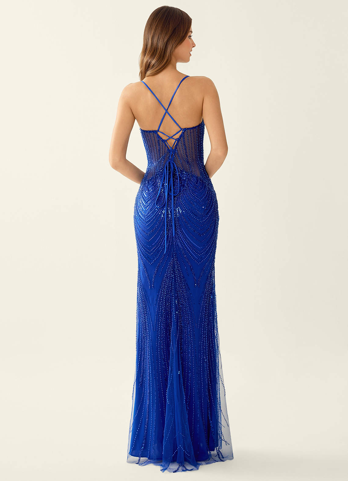 Magnolia Mermaid Beaded Sequined Stretch Mesh Evening Dress in Royal Blue