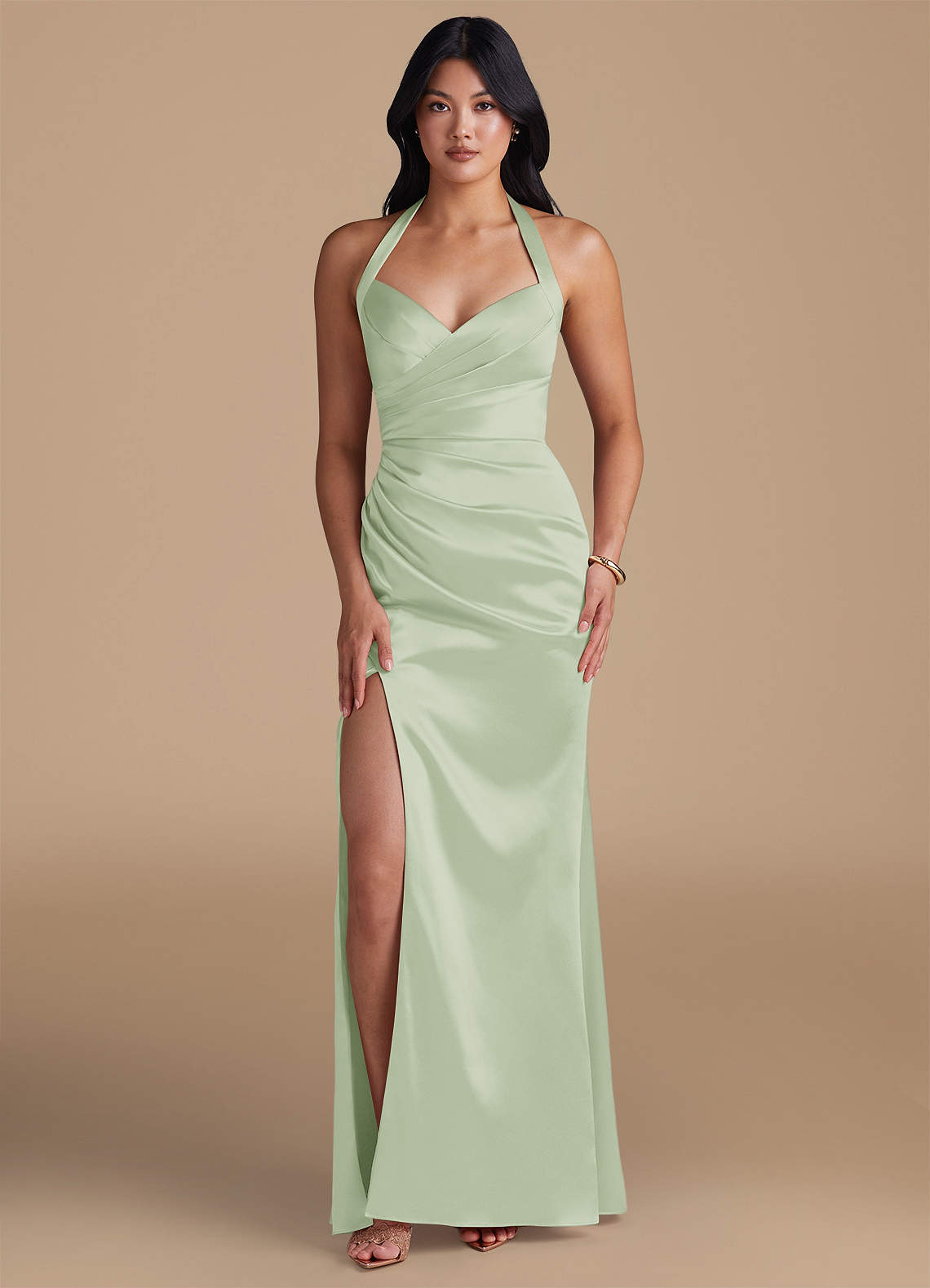Emeria Sheath Halter Metallic Satin Bridesmaid Dress in Dusty Sage