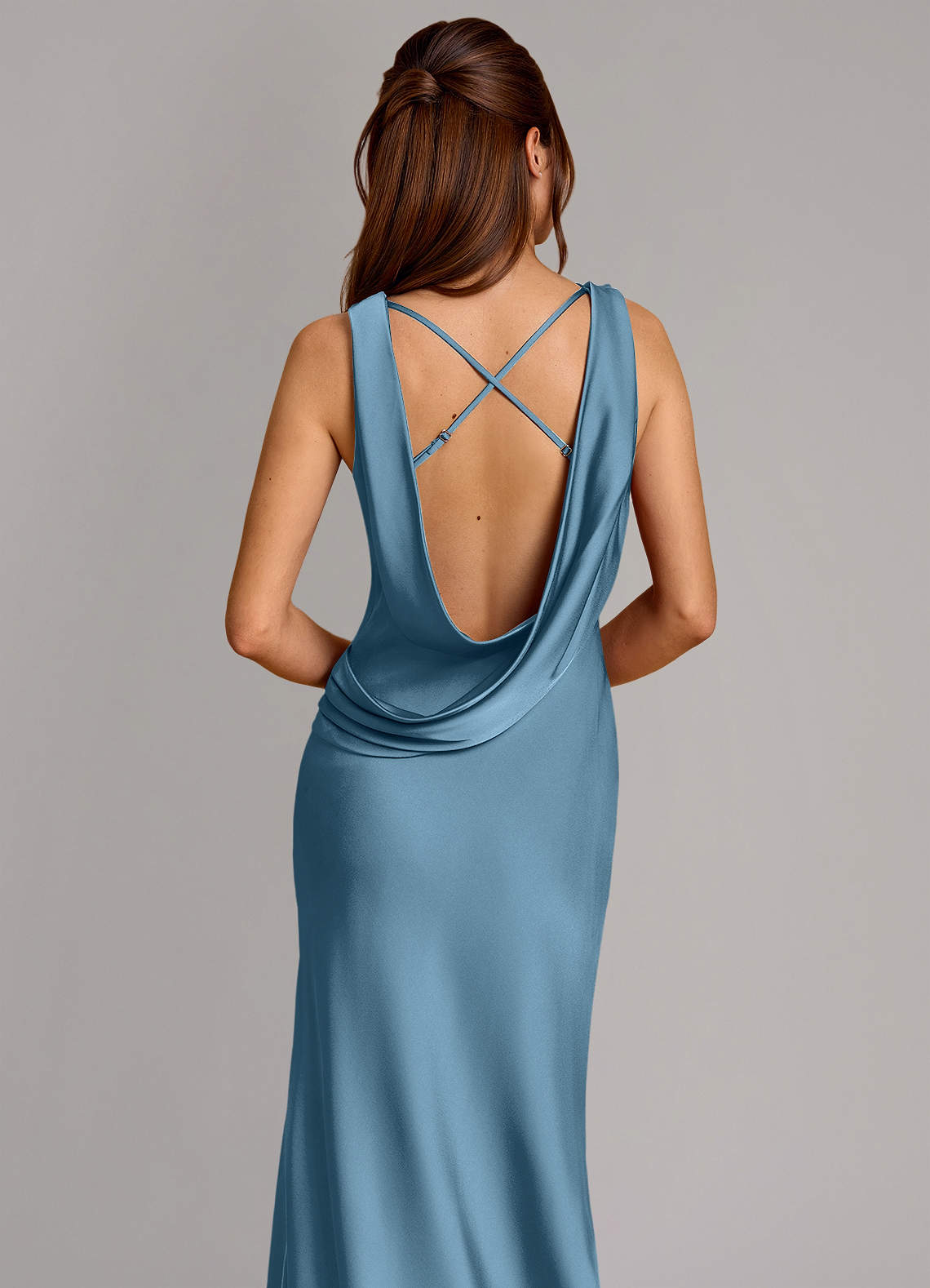 Cheryl Mermaid Cowl-Neck Stretch Satin Bridesmaid Dress in Steel Blue