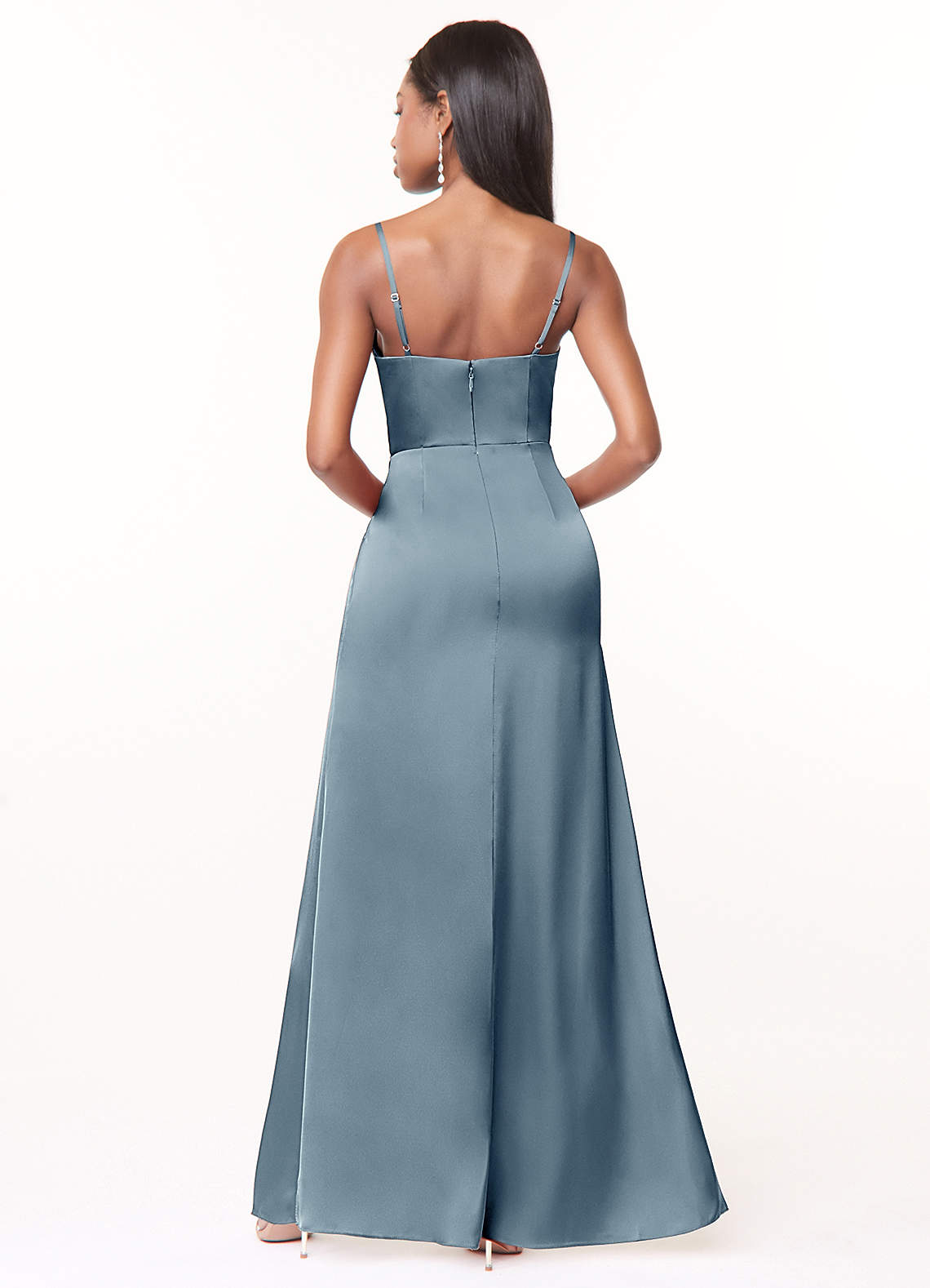 Maci A-Line V-Neck Stretch Satin Bridesmaid Dress in dusty blue