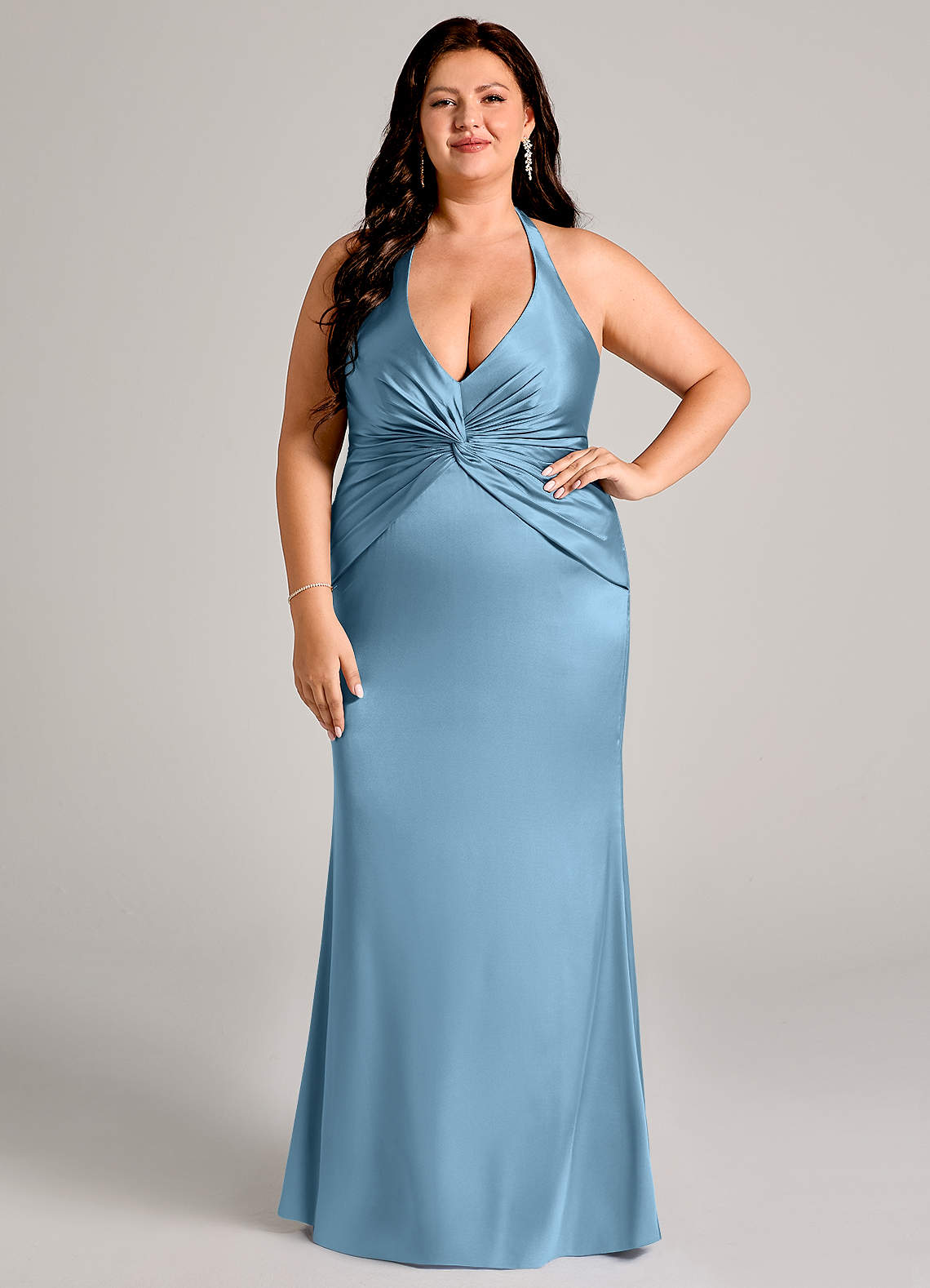 Valerie Mermaid V-Neck Stretch Satin Bridesmaid Dress in Steel Blue