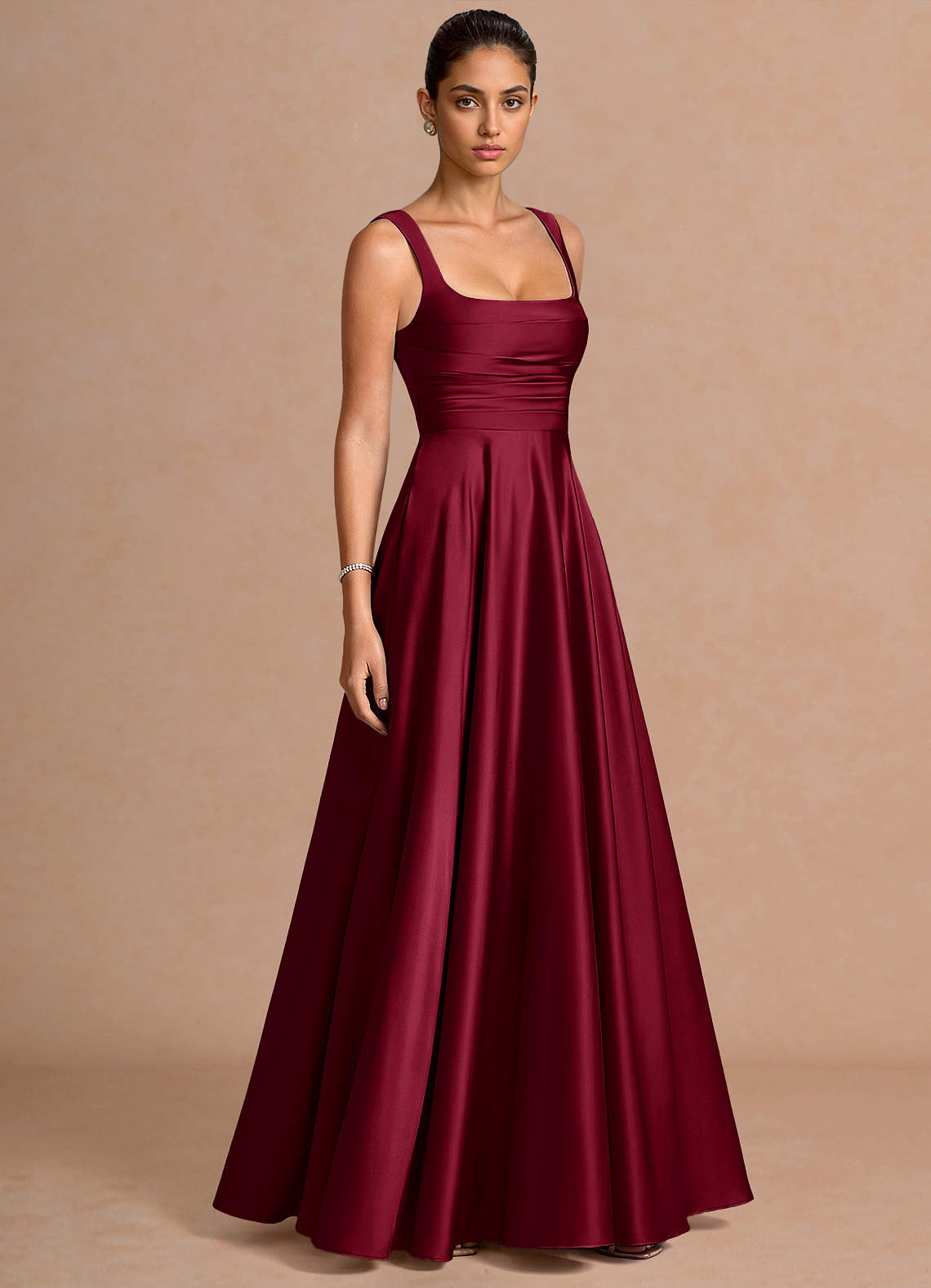Azaria A-Line Square-Neck Stretch Satin Wedding Guest Dress in Haze blue