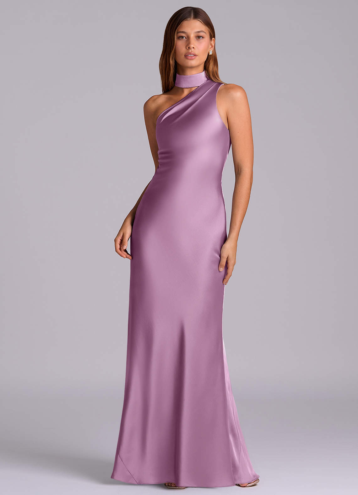 Seona Mermaid One-Shoulder Stretch Satin and Tulle Bridesmaid Dress in Wisteria