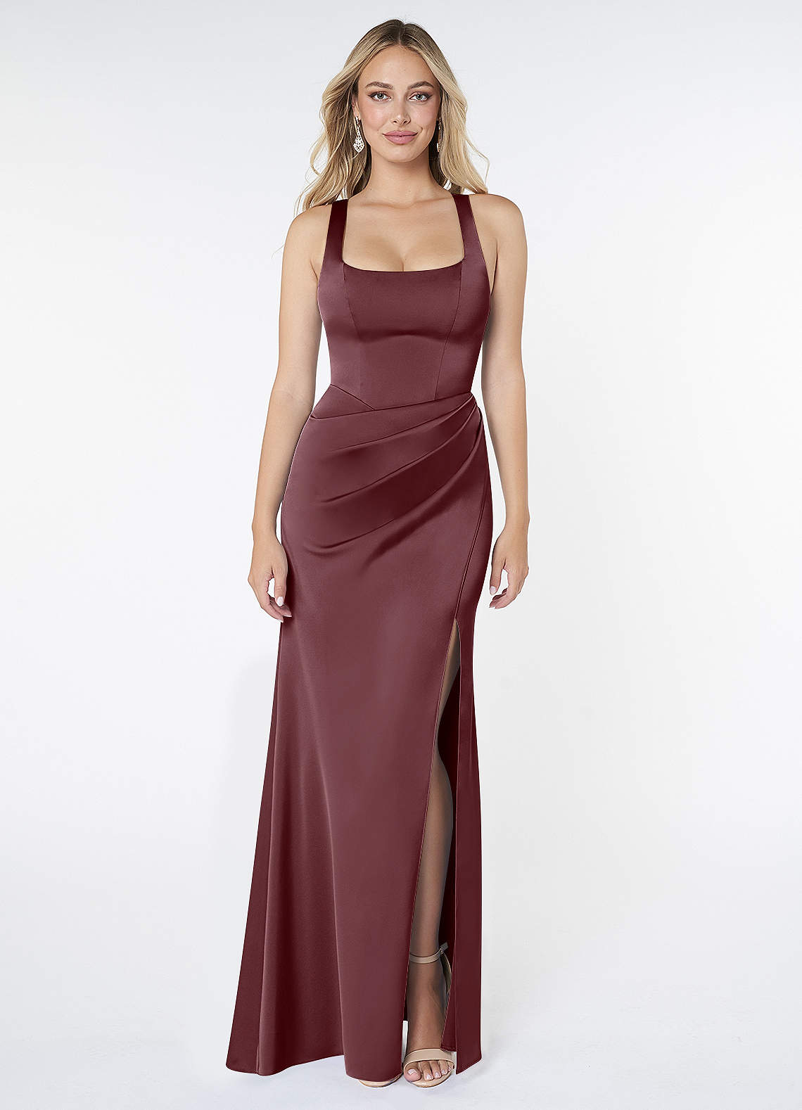 Mero Mermaid Square-Neck Stretch Satin Bridesmaid Dress in Sangria