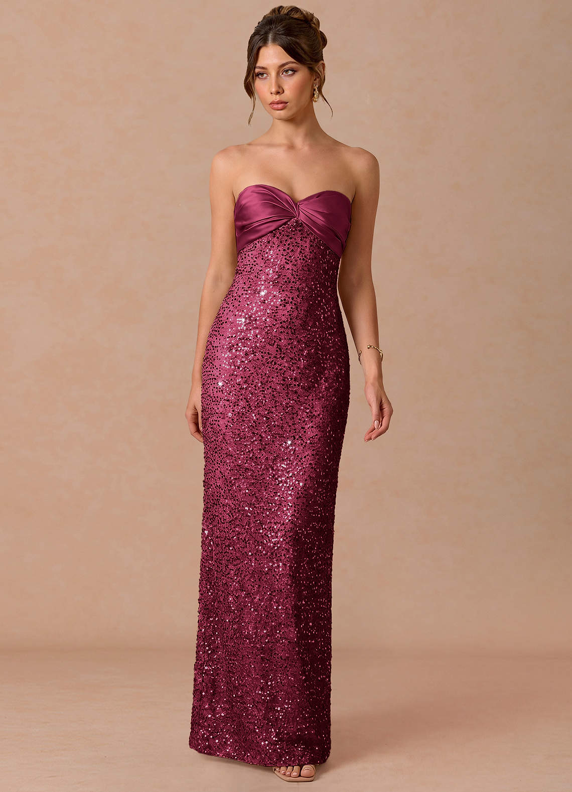 Serelle A-Line Sweetheart Sequin Satin Evening Dress in Merlot