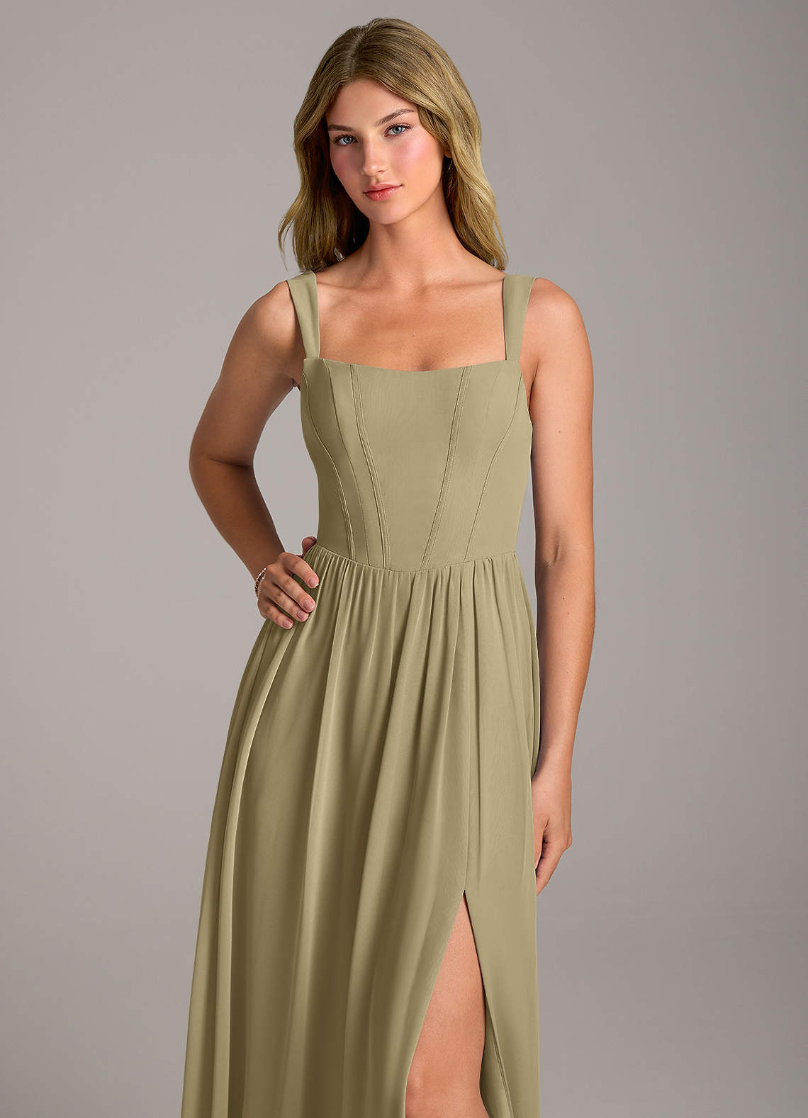 Rosaline A-Line Square-Neck Chiffon Bridesmaid Dress in Moss Green