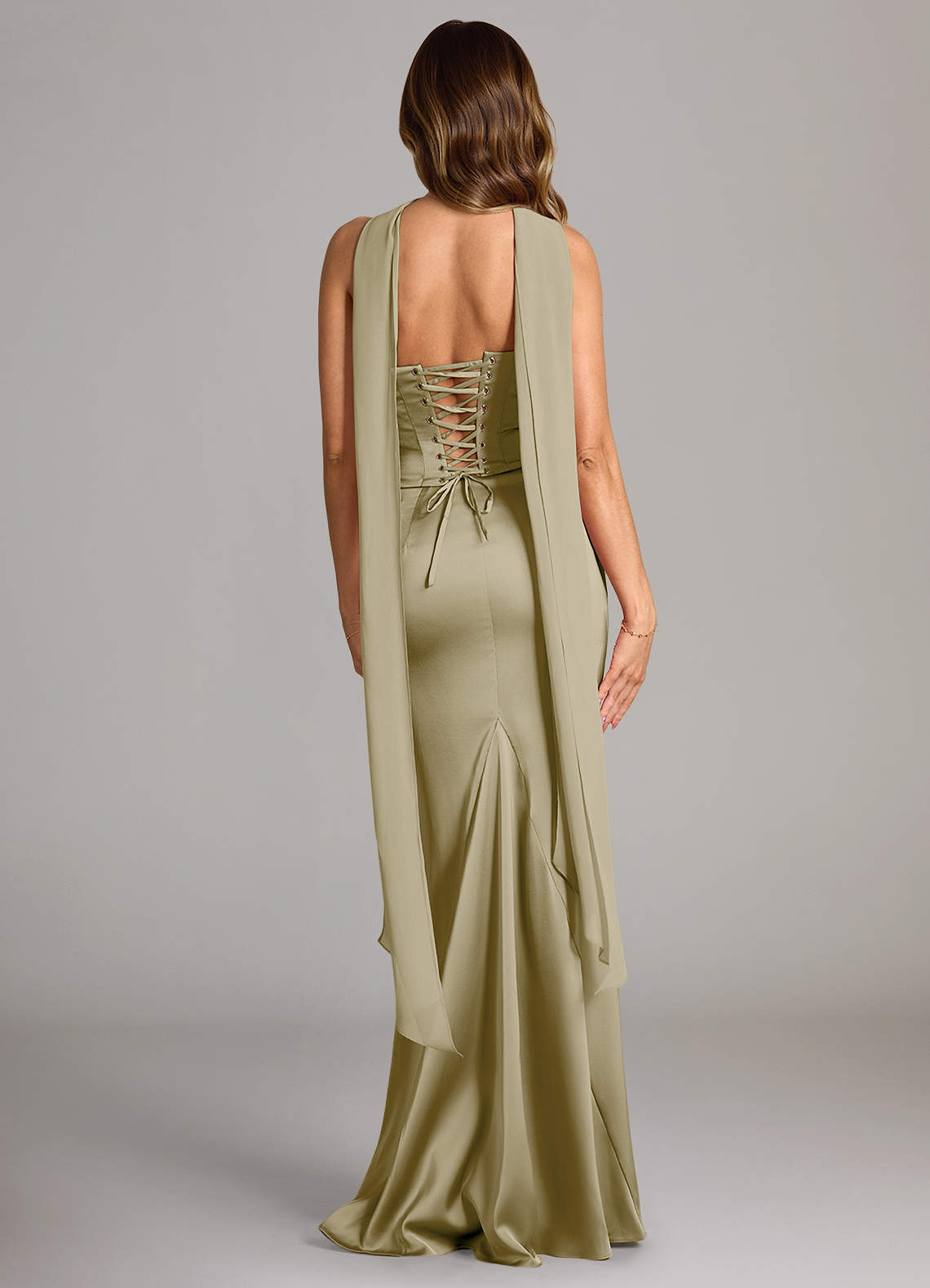 Sorrel Mermaid Cowl-Neck Stretch Satin and Chiffon Bridesmaid Dress in Moss Green