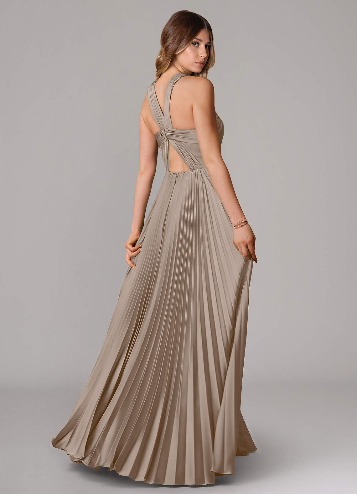 Afra A-Line Halter-Neck Stretch Satin Bridesmaid Dress in Taupe