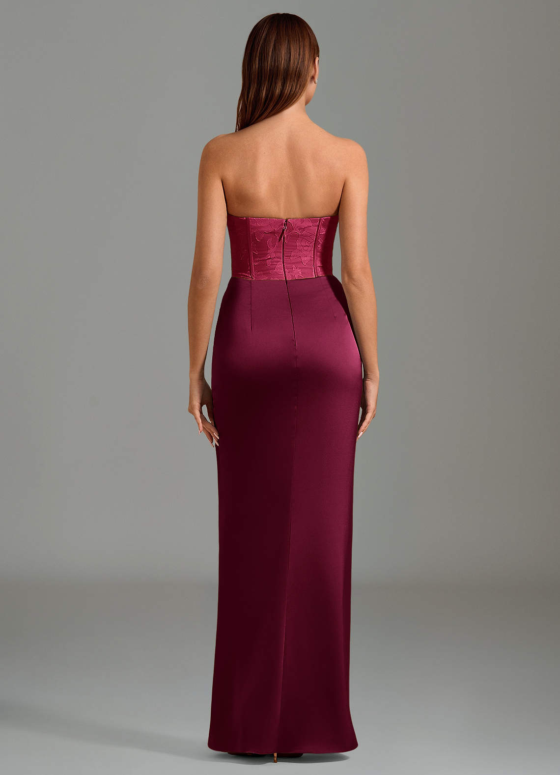 Emilia Mermaid Strapless Stretch Satin and Floral Burnout Bridesmaid Dress in Burgundy