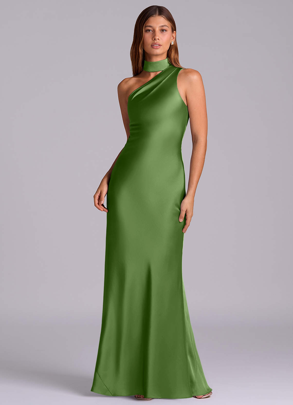 Seona Mermaid One-Shoulder Stretch Satin and Tulle Bridesmaid Dress in Basil