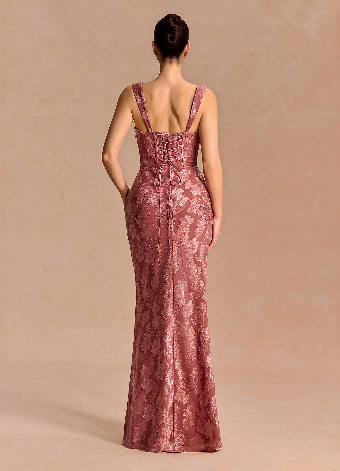 Agustina Square-Neck Pleated Fil Coupé Evening Dress in Vintage Rose