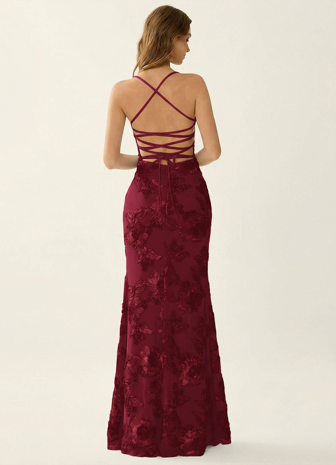 Kailani Mermaid Spaghetti-Strap Lace Evening Dress in Burgundy