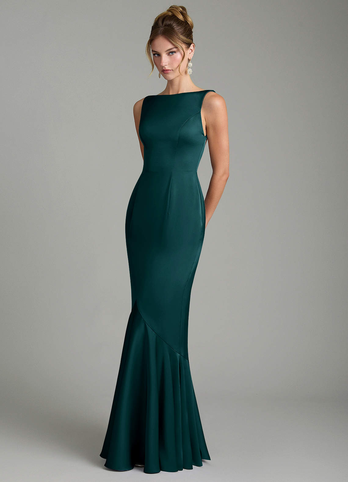 Tamera Mermaid Boat-Neck Stretch Satin and Chiffon Bridesmaid Dress in Pine