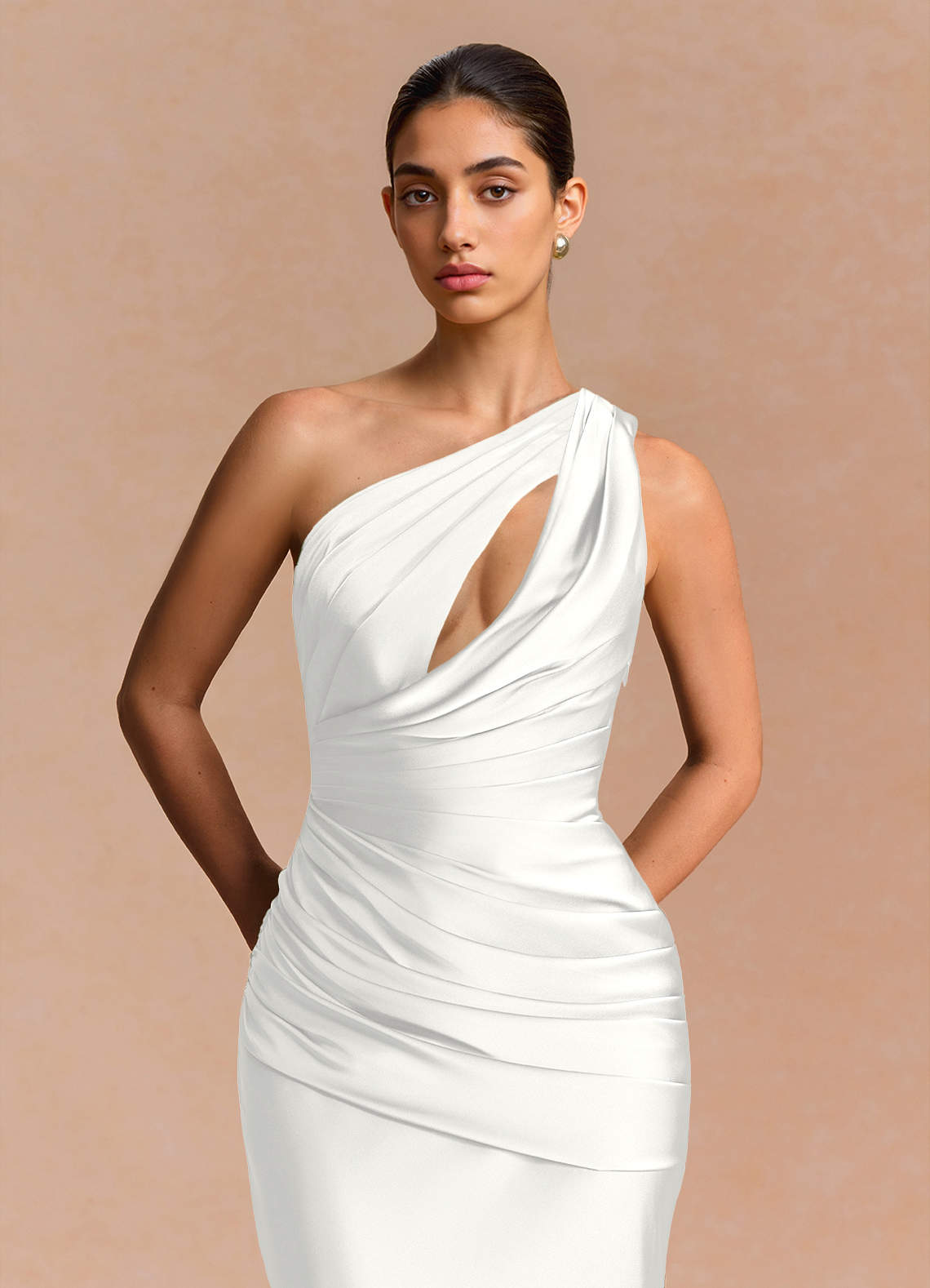 Guinevere One-Shoulder Cutout Stretch Satin Evening Dress in White