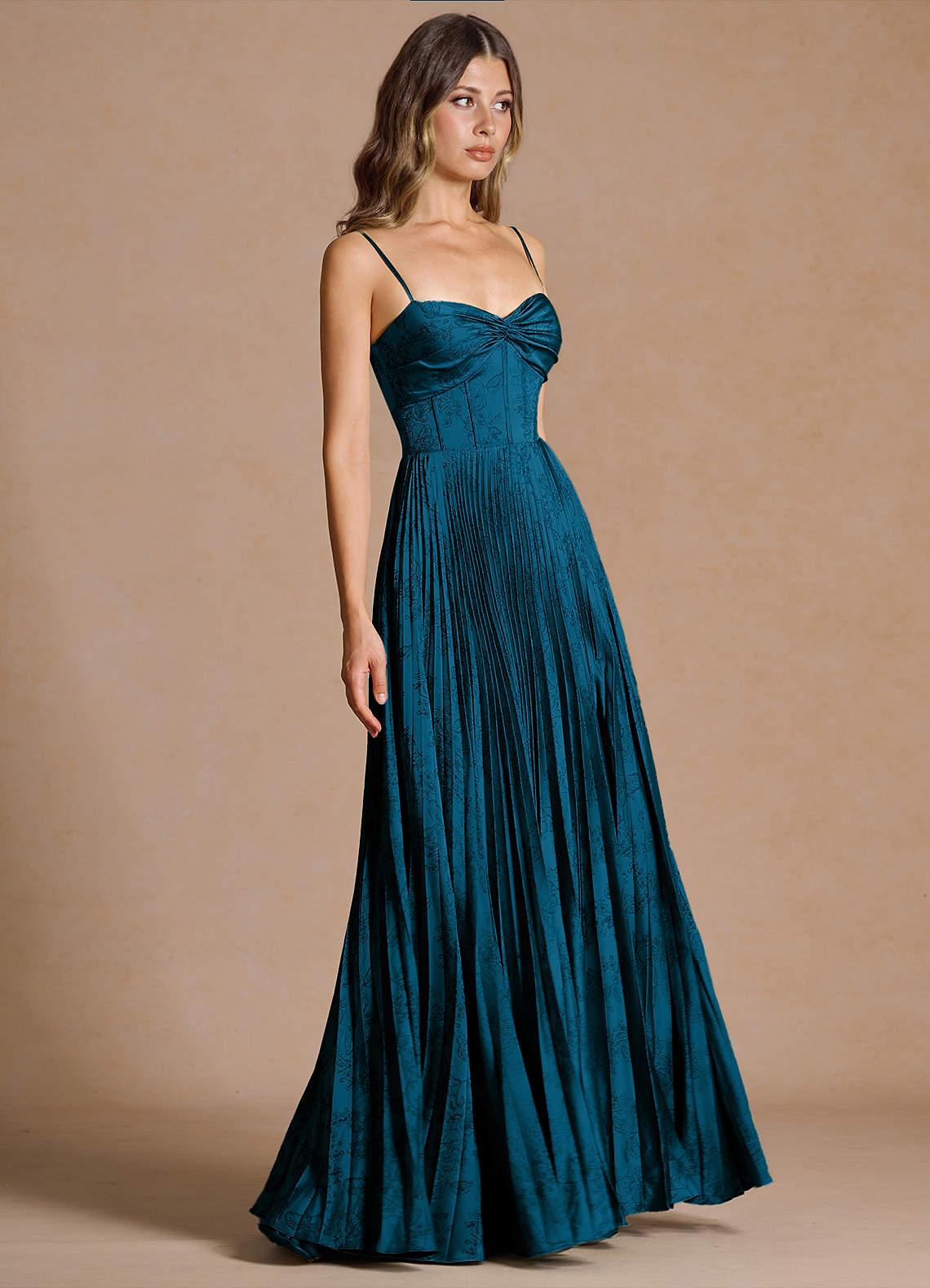 Vesper Pleated Knot-Neck Jacquard Wedding Guest Dress in Navy Black