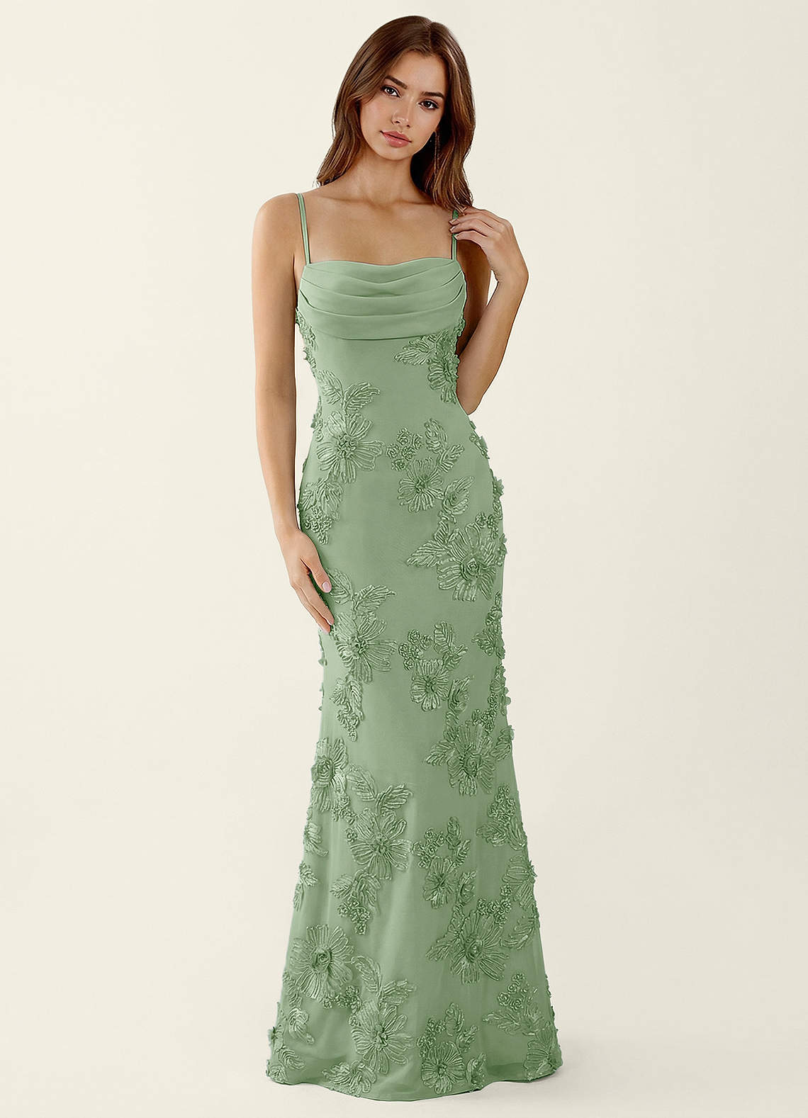 Bellatrix Mermaid Spaghetti-Strap Stretch Lace Evening Dress in Sage