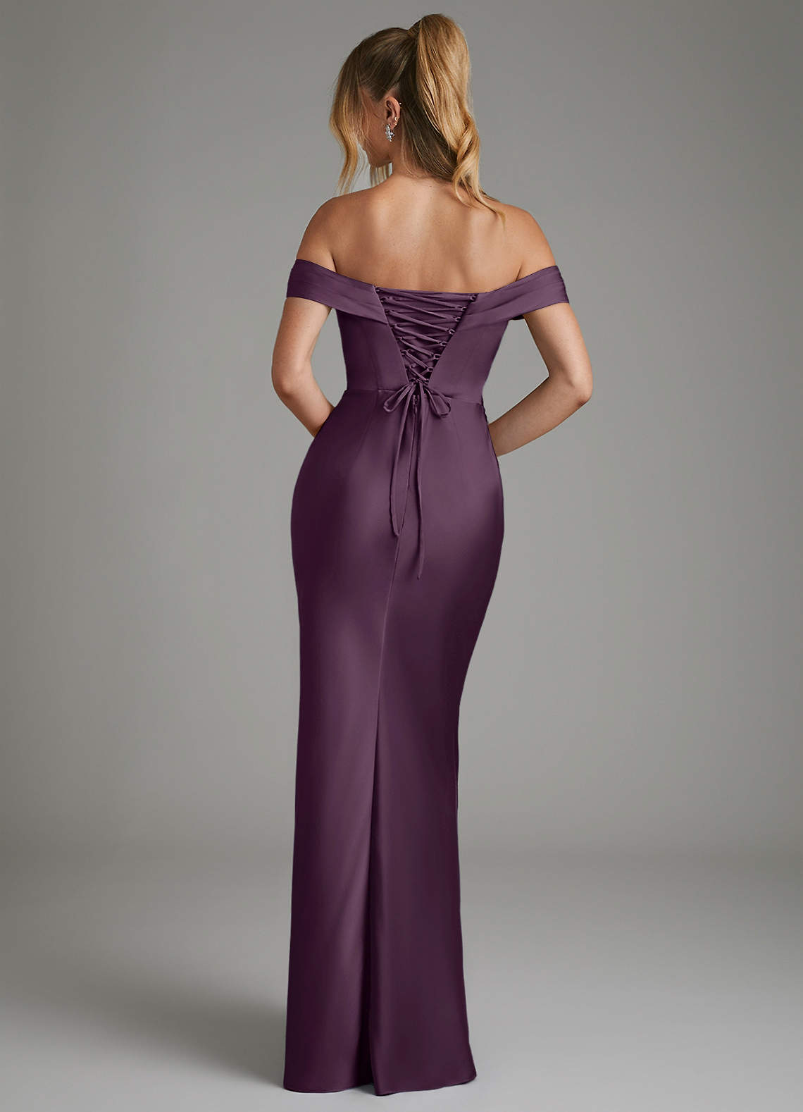 Hayden Mermaid Off-the-Shoulder Stretch Satin Bridesmaid Dress in Plum