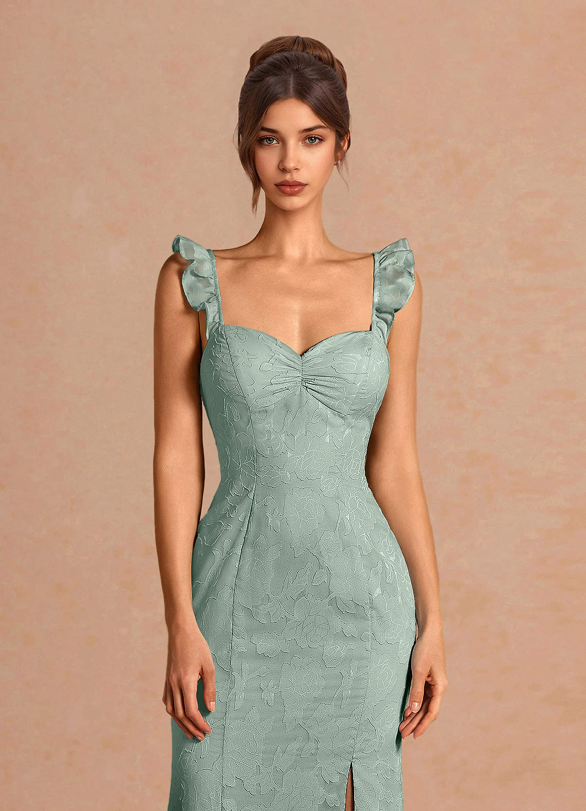 Romilly Mermaid Ruffled Chiffon Burnout Evening Dress in Agave Green
