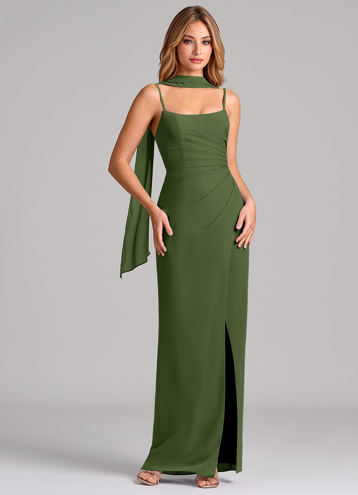 Calandra Sheath Scoop-Neck Chiffon Bridesmaid Dress in Olive