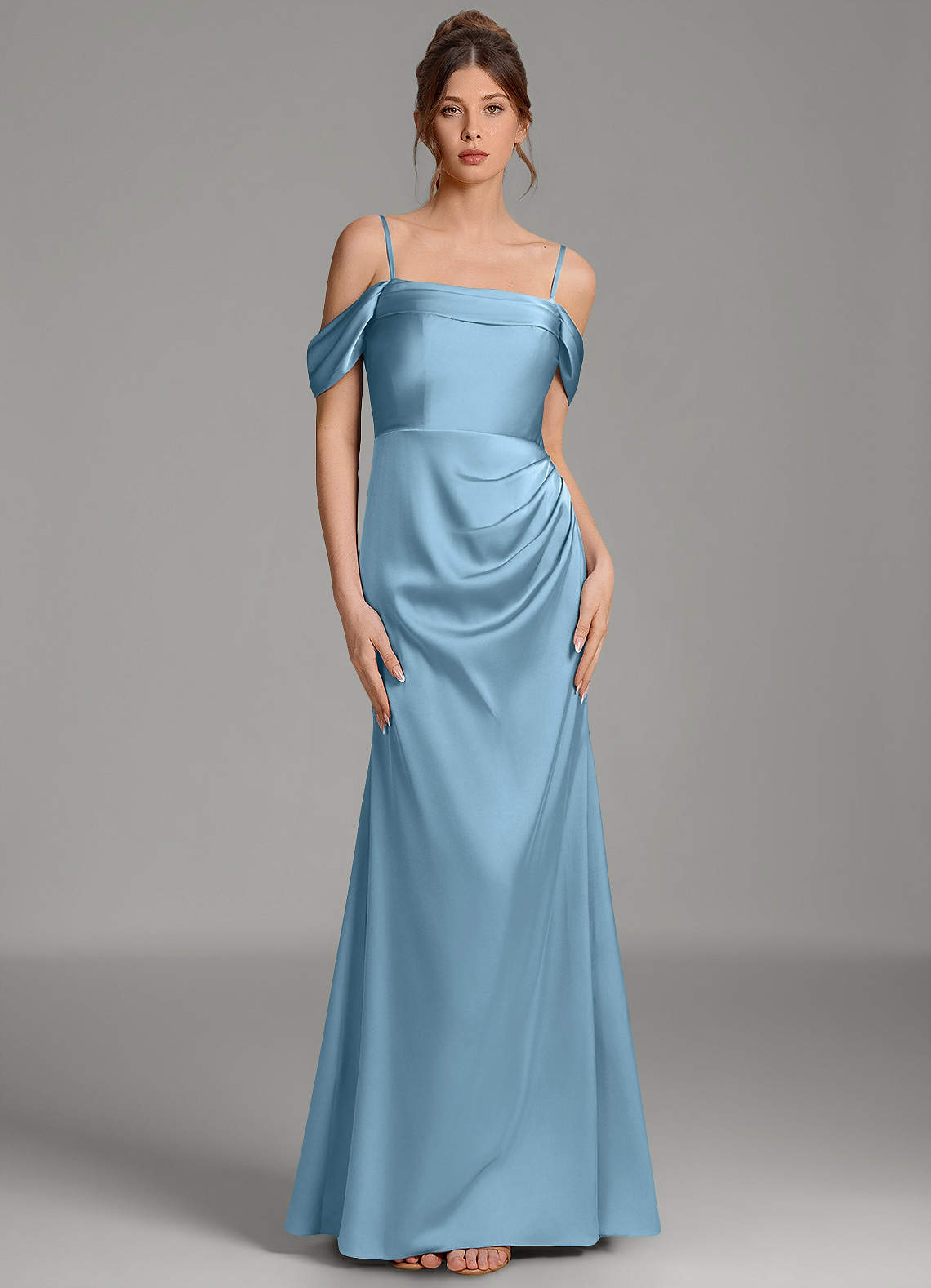 Wyatt Mermaid Off-the-Shoulder Stretch Satin Bridesmaid Dress in Steel Blue