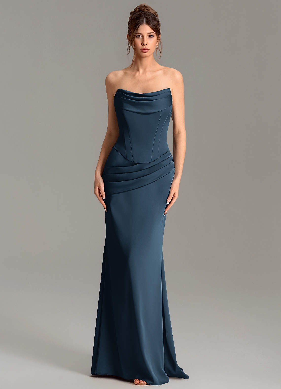 Adrienne Mermaid Cowl-Neck Stretch Satin Bridesmaid Dress in Dark Navy