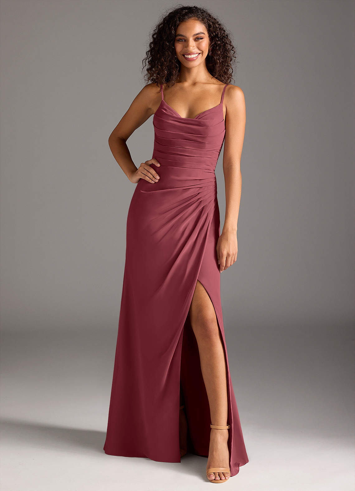 Deandra Mermaid Cowl-Neck Chiffon Bridesmaid Dress in Merlot