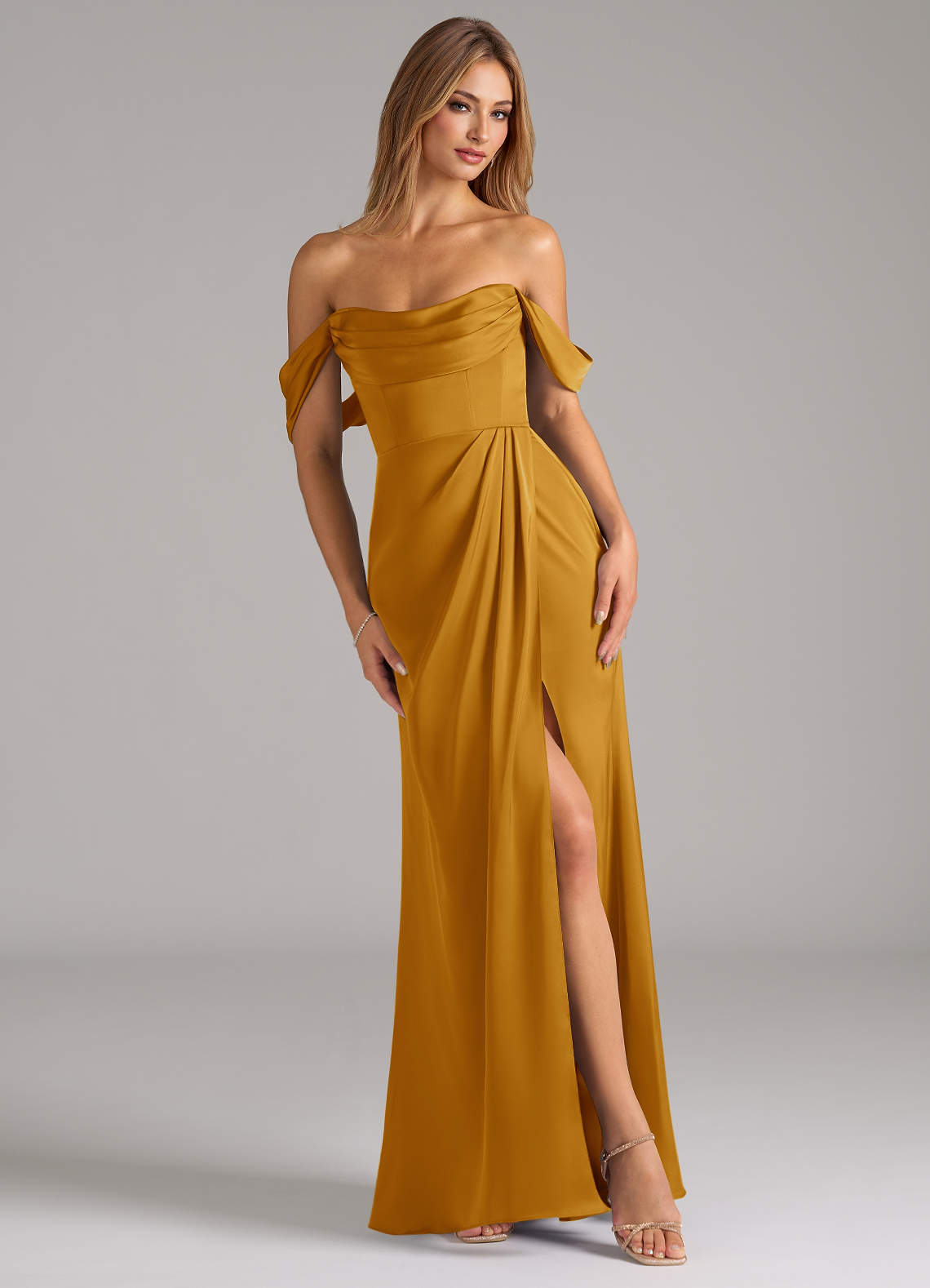 Johana Mermaid Off-the-Shoulder Stretch Satin Bridesmaid Dress in butterscotch