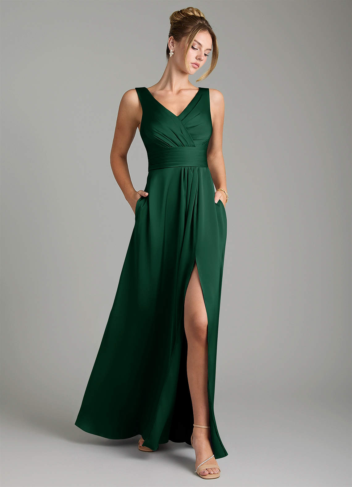 Karina A-Line V-Neck Stretch Satin Bridesmaid Dress in Dark Green
