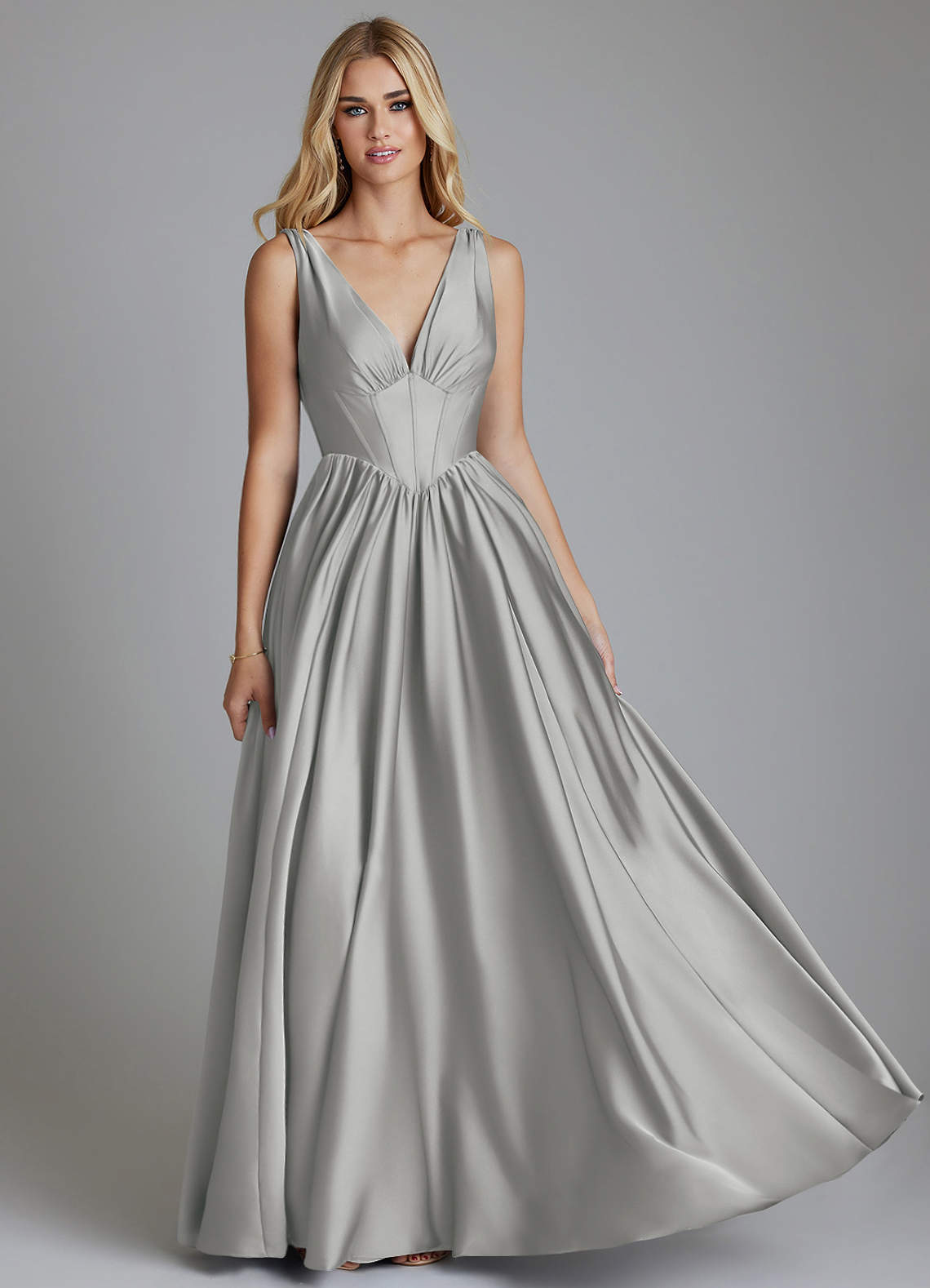 Delmie A-Line V-Neck Stretch Satin Bridesmaid Dress in Silver