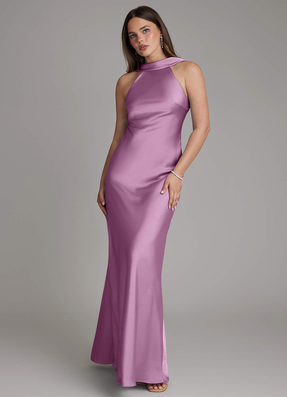 Dimitra Sheath Halter Stretch Satin Bridesmaid Dress in Wisteria