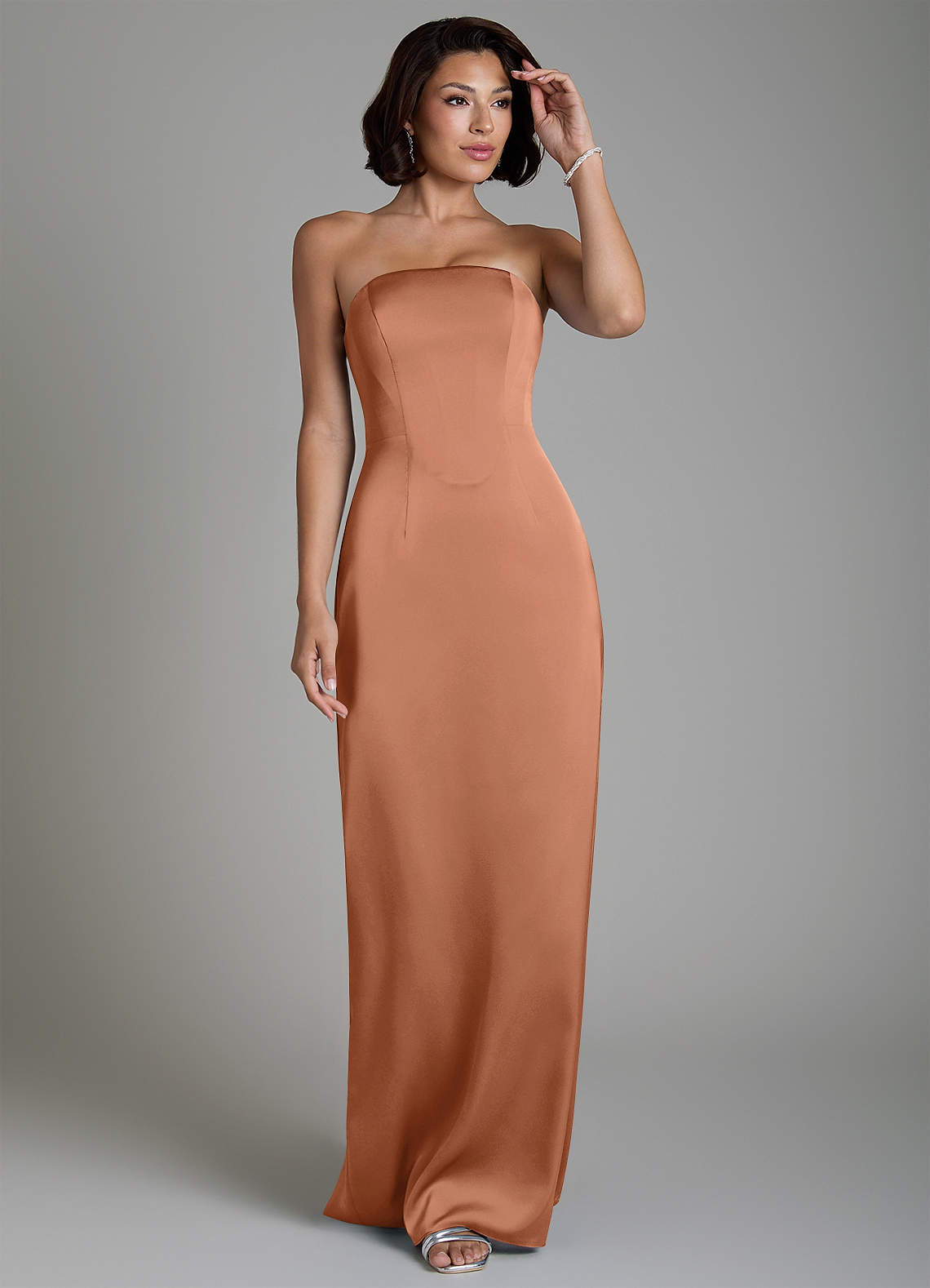 Fallyn Sheath Strapless Stretch Satin Bridesmaid Dress in Bronzer