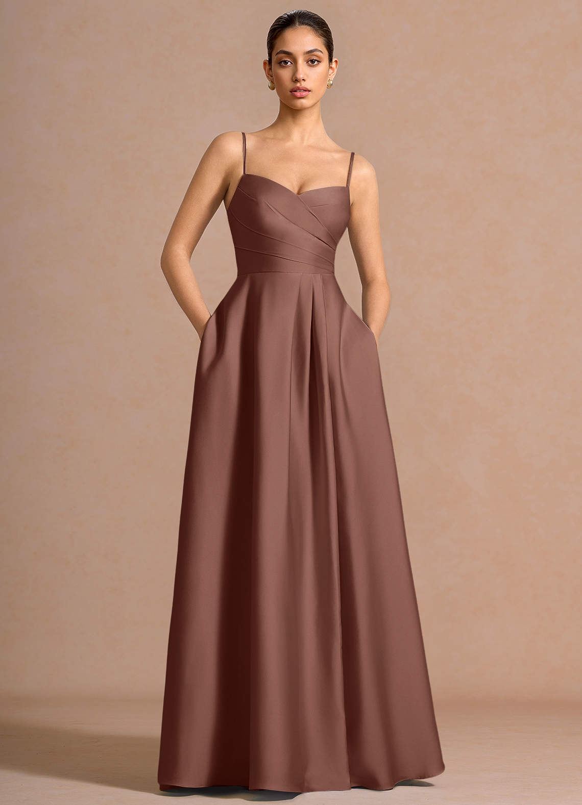 Nancy A-Line V-Neck Stretch Satin and Chiffon Evening Dress in Mocha Coco
